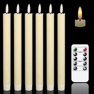 GenSwin Flameless Ivory Taper Candles Flickering with 10-Key Remote, Battery Operated Led Warm 3D Wick Light Window Candles Real Wax Pack of 6, Christmas Home Wedding Decor(0.78 x 9.64 Inch)