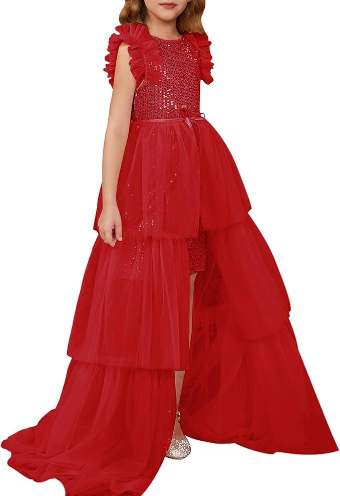 GRACE KARIN Girls Sequin Dress Formal Pageant Sparkle Party Ruffle Prom Maxi Dress Size 12Y