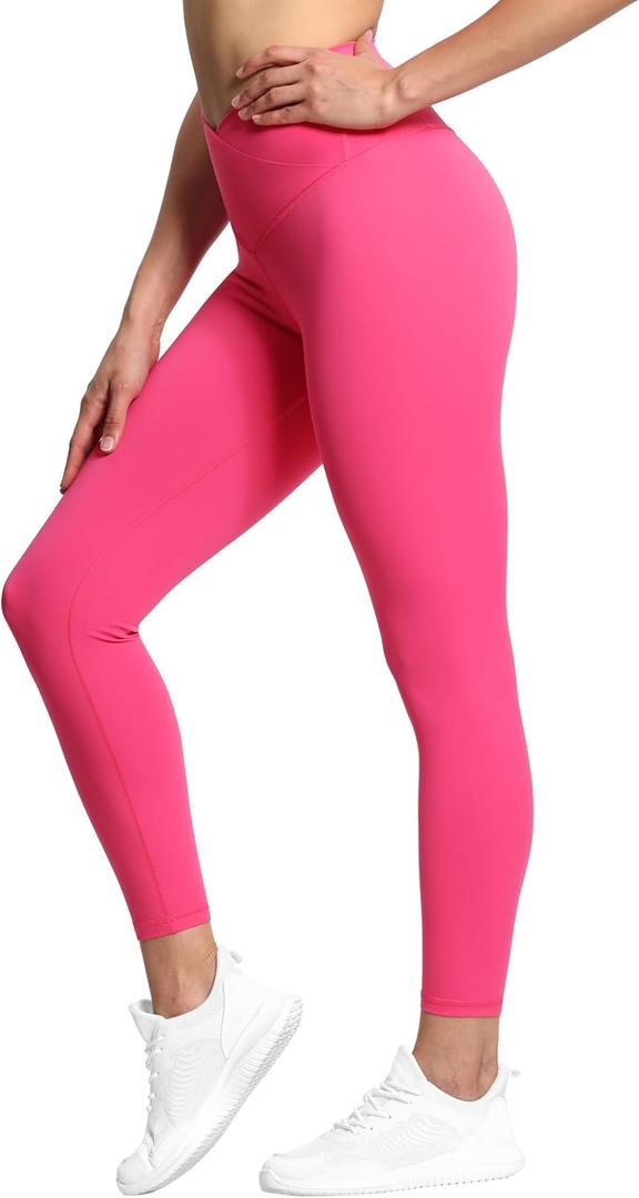 THE GYM PEOPLE Womens' V Cross Waist Yoga Leggings with High Waisted Tummy Control (Pink, XL)