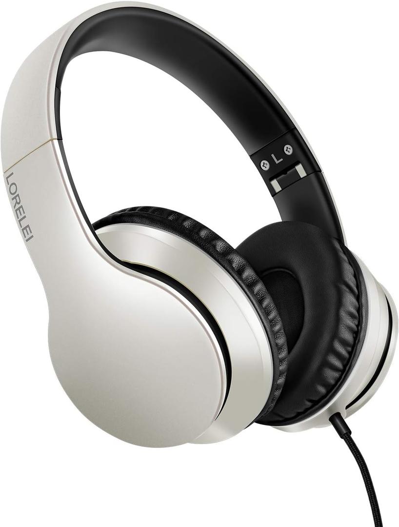 LORELEI X6 Over-Ear Headphones with Microphone, Lightweight Foldable & Portable Stereo Bass Headphones with 1.45M No-Tangle, Wired Headphones for Smartphone Tablet MP3 / 4 (Silver)