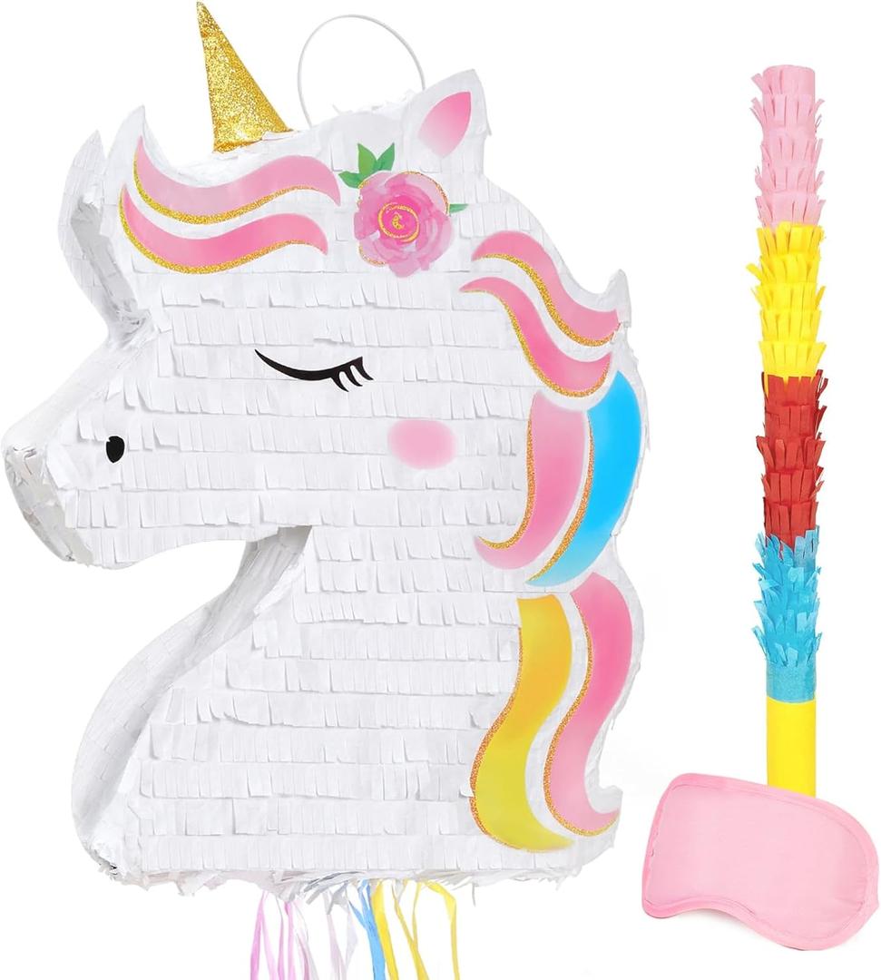 WERNNSAI Foldable Unicorn Piata - Pull String Unicorn Birthday Party Supplies Extendable Unicorn with Blindfold Bat and Tassels Unicorn Birthday Party Decoration Games Folding Piatas for Kids