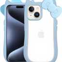Compatible with iPhone 14 Case iPhone 13 Case Cute 3D Bow for Women Girls, Kawii Cat Ear Kitty Design Soft Silicone and Clear Hard Shockproof Blue Phone Case for iPhone 14/13 6.1inch