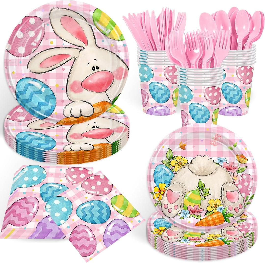 168PCS Easter Party Supplies Easter Egg Party Decorations with Pink Plaid Bunny Paper Plates and Napkins Cups for Spring Themed Easter Birthday Party Serves 24