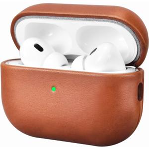 ICARERFAMILY Leather Case for AirPods Pro 2 (2022), Genuine Leather Shockproof Protective Cover for AirPods Pro 2 Earphones Charging Case (LED Visible) Support Wireless Charger Brown