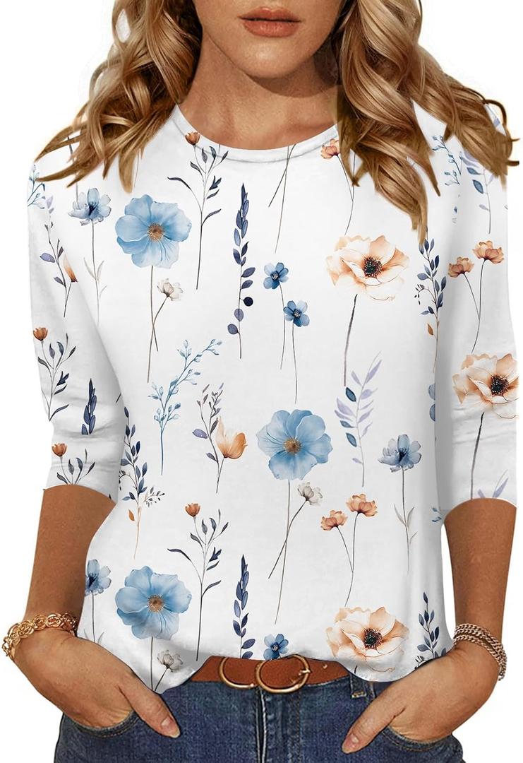 Zeagoo Women's Casual 3/4 Sleeve T-Shirts Crew Neck Cute Tunic Tops Basic Tees Blouses Loose Fit Business Work Tee Tops S-3XL (Medium)