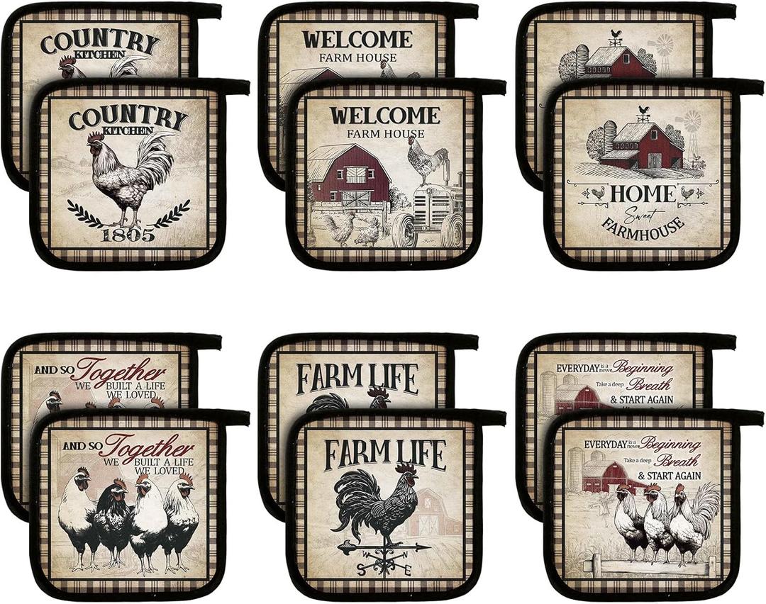 Bencailor 12 Pcs Pot Holders with Pocket Kitchen Hot Potholders Hot Pad Oven Mitts Cookie Bag Oven Gloves for Kitchen Gift Baking Cooking(Brown,Farmhouse Rooster)