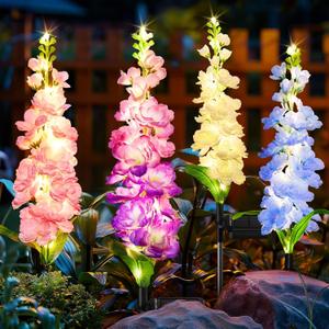 KOOPER Solar Lights Outdoor Garden Decor, 4 Pack Upgraded Delphinium Solar Garden Lights with 36 LEDs, Vivid Flowers Outdoor Waterproof for Landscape Patio Yard Decor