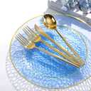 Rubtlamp 150Pcs Blue Christmas Plastic Plates, Gold Plastic Dinnerware Set For 30 Guest, Hammered Heavy Duty Plates with Gold Rim Include 30Dinner Platos, 30Salad Platos,90 Cutlery For Christmas