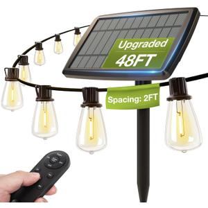 addlon 54(48+6) FT Solar String Lights Waterproof,Patio Lights Solar Powered with Remote& USB Port 24+2 LED Shatterproof Bulbs 3 Lighting Modes Outdoor Lights for Camping Backyard Garden