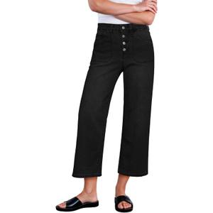 GRAPENT Wide Leg Jeans for Women Cropped Trendy High Waisted Button Fly Loose Straight Leg Stretchy Denim Trouser Jeans (Medium, True Black)