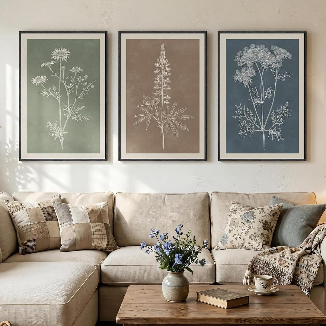Framed Boho Botanical Wall Art for Living Room, 3 Piece Modern Farmhouse Neutral Floral Canvas Painting Prints, Minimalist Vintage Flower Plants Line Artwork for Bedroom Hallway Wall Decor, 24x36