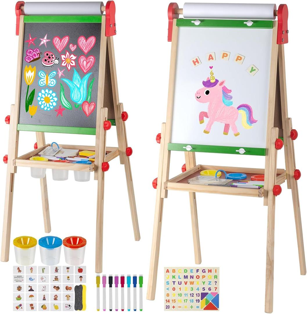 Kids Art Easel with Paper Roll for Toddlers, Adjustable Double Sided Magnetic Drawing Board Dry Erase Whiteboard & ChalkboardEasel for Toddlers 2-4 Years Painting Wooden Easel Kids 4-8, 39 inches