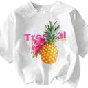 Girl's Drop Shoulder Letter Star Print Tee Tops Loose Short Sleeve Crew Neck T Shirts (White)