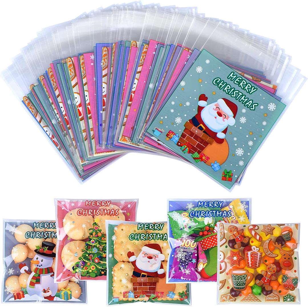 Christmas Cellophane Bags, 100 Pcs Clear Resealable Cellophane Treat Bags, Sealed Plastic Gift Bags with Adhesive Closure for Snack, Cookie & Candies, Christmas Party Supplies, 4*4 Inches (5 Styles)