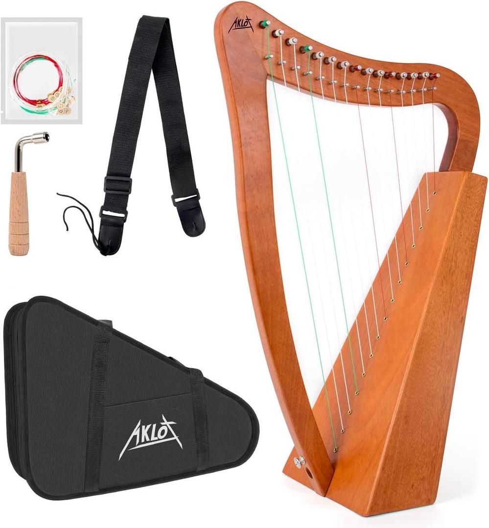 AKLOT Harp 15 strings Mahogany Harp 22 inch Height For Adult Kids Beginner with Tuning Wrench Black Gig Bag Strap Spare Strings