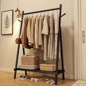 Solid Wood Clothes Rack, Clothing Rack for Hanging Clothes, Hanging Racks for Clothes with Shelves Load 350 Lbs Garment Rack (Black)
