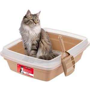 IRIS USA Cat Litter Box, Open Top with Scoop, Easy Clean Plastic Pan for Indoor Cats & Kittens, Beige