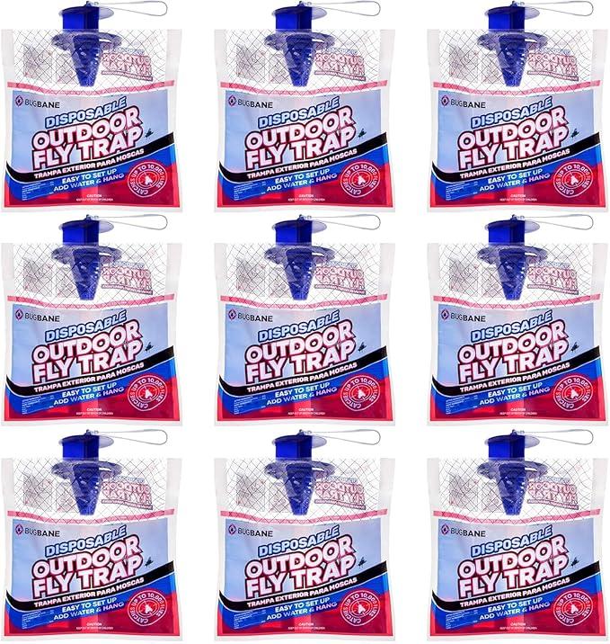 Fly Traps Outdoor Fly Trap for Patio. 9 Non-Toxic Pre-Baited Flies Bags Outdoor Disposable. Hanging Bug Catchers for All Filth Flies Killer for Outside Bug Control in Yard Horse Ranch Trash Can