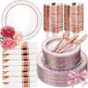 Ciaell 350PCS Rose Gold Plastic Plates - Clear Rose Gold Disposable Plates with Plastic Silverware include 100Plates, 150Silverware, 50Cups, 50Napkins for Wedding & Party & Mother's Day
