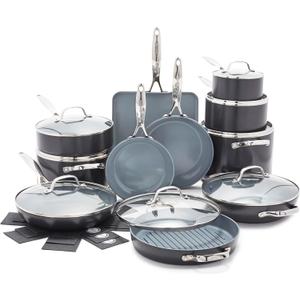 GreenPan Valencia Pro Ceramic Nonstick 22 Piece Cookware Set, Hard Anodized PFAS-Free Pots & Pans, Induction Ready, Compatible on All Cooktops, Dishwasher Safe, Oven Safe to 600F, Gray