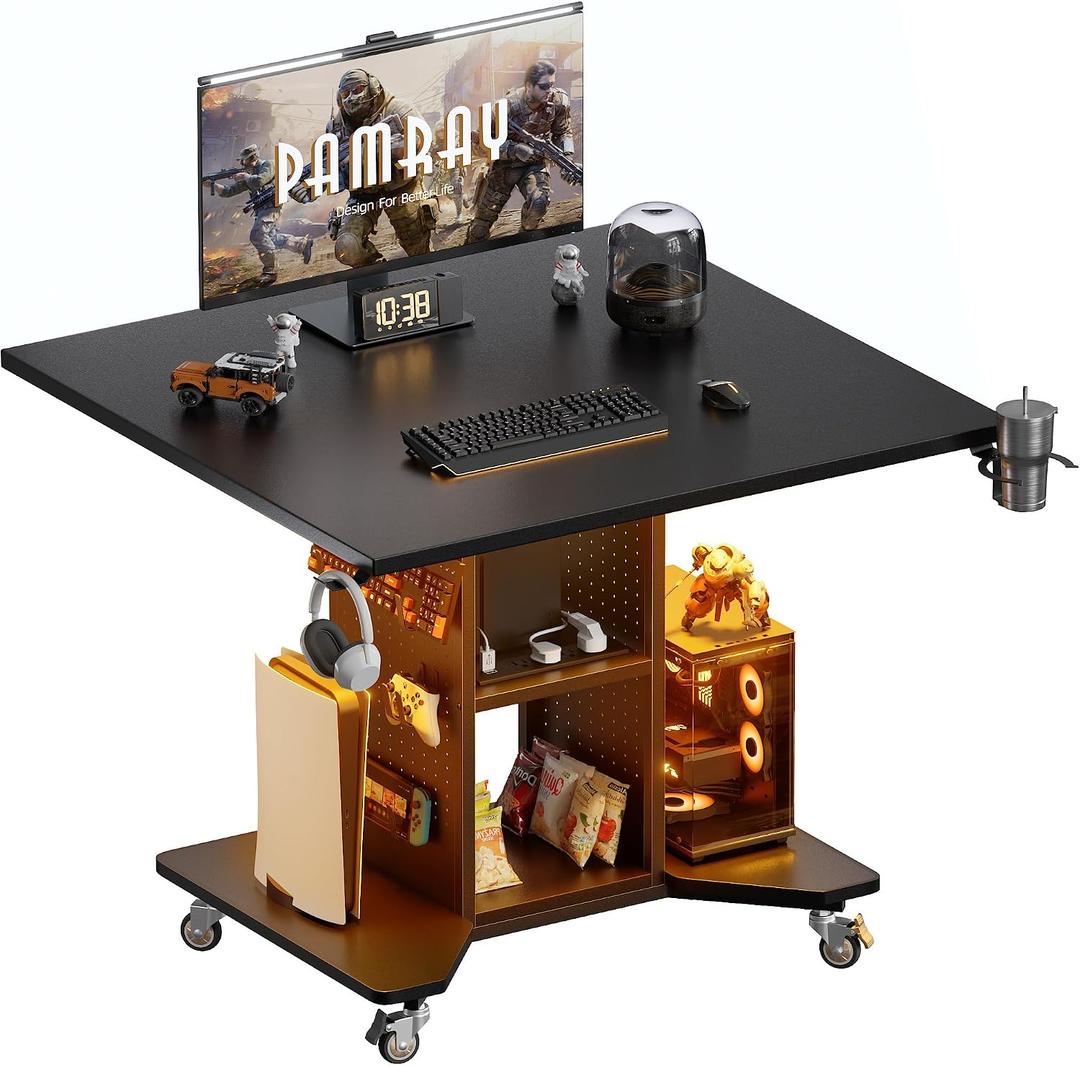 Pamray Small Rolling Gaming Desk with Led Lights Power Outlets and Storage Pegboard, Small Spaces Compact PC Computer Table Balck, 32 inch
