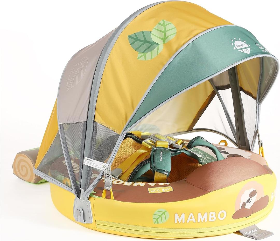 Mambobaby Baby Pool Float with Canopy, Non-Inflatable Infant Swim Float with Safe Seat and Tail Support for 3-24 Months, UPF 50+ Sun Protection