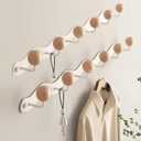 Coat Rack Wall Mount,White Wall Hooks Adhesive & Screw in,Anti-Tear Wooden Ball Hook Rail, Heavy Duty Metal Coat Hanger Wall Mount for Entryway, Bathroom, Bedroom, Kitchen 2PACK(6-tri Hooks)