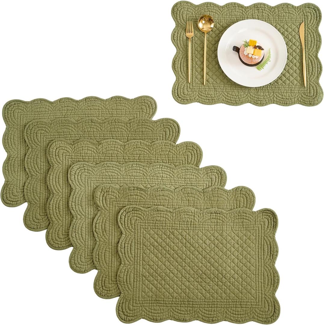 6PCS Quilted Placemats -13x18 inches, 100% Cotton Placemats, Thick & Washable Place Mats for Durable Use, Rectangular Placemats Scalloped Edge for Kitchen and Dining (Green, 13x18 Inches)