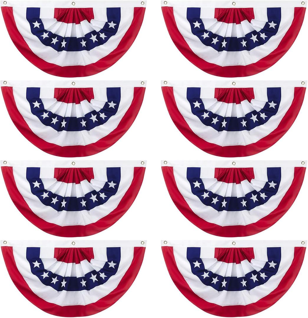 Motiloo American Pleated Fan Flag Bunting - 1.5x3Ft Patriotic Half Fan Banner for 4th of July, Memorial Day - Indoor/Outdoor Decoration (Set of 8)