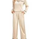 Blooming Jelly Womens Pajamas Set 2 Piece Lounge Set Satin Cute Pj Silk Christmas Pajamas Fall Sleepwear (L, Beige)