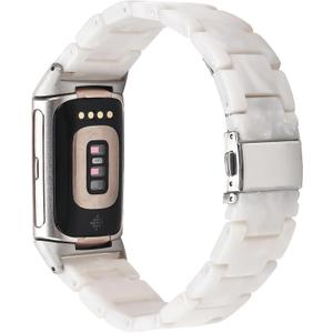 Resin Band Compatible with Fitbit Charge 6/ Fitbit Charge 5, Waterproof & Lightweight Bracelet Wristband Replacement with Stainless Steel Buckle, Fashion Strap for Fitness Tracker Women (Pearl White)