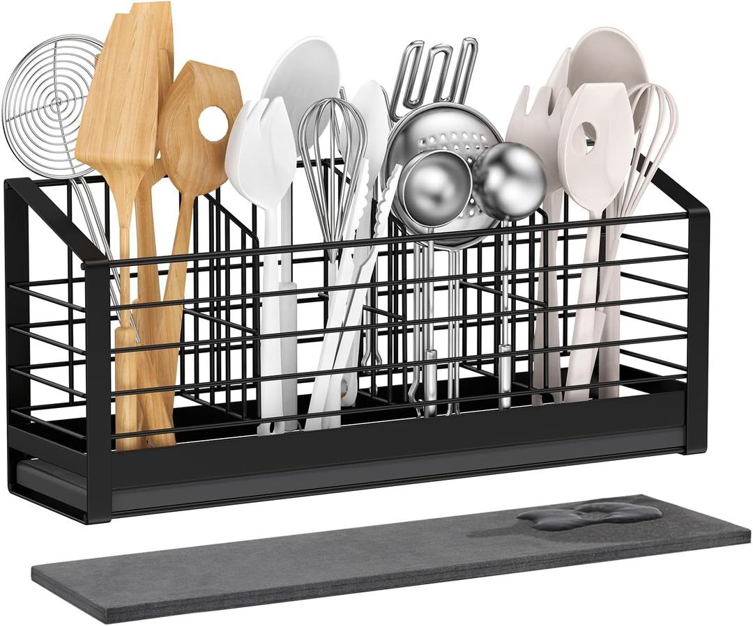 Extra Large Utensil Holder for Kitchen Counter, Kitchen Cooking Utensil Holder Organizer Kitchen Utensil Racks with Drying Base Cooking Tools Storage for Countertop Sink Cutlery Holder, 4 Compartments (Black)