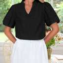 ZESICA Women's Summer Short Puff Sleeve Shirts 2025 V Neck Casual Hollow Out Lace Embroidered Blouse Tops (Black, S)