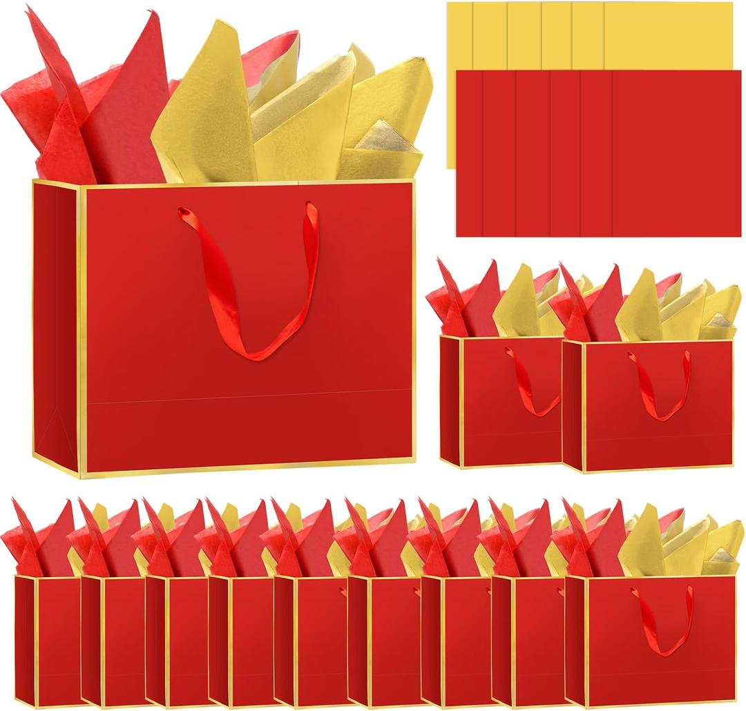 Epoesch 12 Pack Metallic Paper Gift Bags with Handles  Includes Tissue Paper  11.8"x10"x4"  Elegant Personalized Gift Bags for Christmas ThanksgivingBridesmaids, Groomsmen, Guests (Red Gold)
