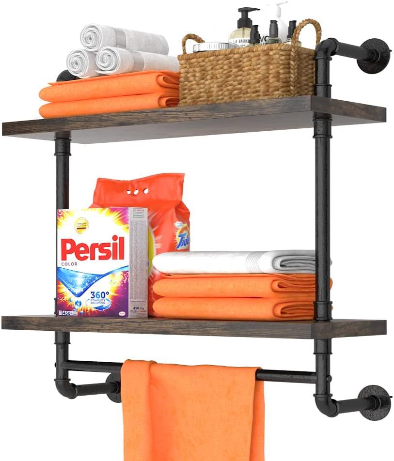 Helsin 24inch Industrial Pipe Shelving Bathroom Shelves Wall Mounted with Towel bar, 2 Tier Rustic Wood Floating Shelf, Metal Towel Rack Wall Shelf for Home & Bathroom (Brown, 24inch)