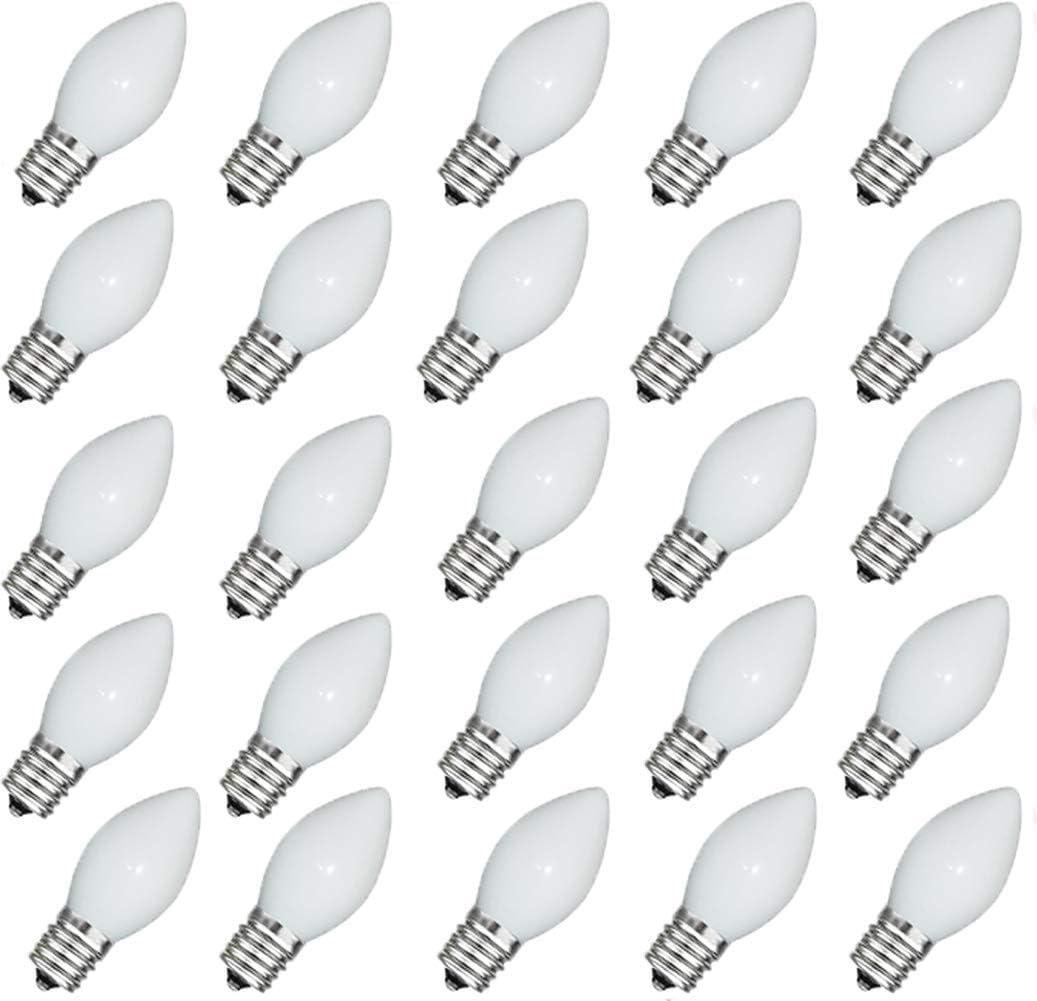 GOOTHY 25 Pack C7 White Replacement Bulbs, Ceramic C7 Incandescent Light Bulbs for Christmas Outdoor Patio Indoor String Lights, C7/E12 Candelabra Base, 5 Watt Night Light Bulbs- White
