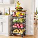 SAYZH Fruit Basket Kitchen Pantry Organizers and Storage - Wooden Top Table, Stackable Metal Wire Basket Stand Cart for Fruit Vegetable Snacks Onion Potato Organization (Black, 5 Tiers)