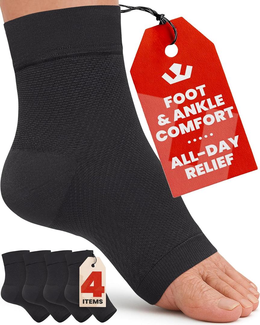 KEMFORD Ankle Compression Sleeve - 2-Pairs, Plantar Fasciitis Braces - Open Toe Compression Socks for Swelling, Sprain, Neuropathy, Foot Arch Support for Men and Women - 20-30mmhg, L, Black