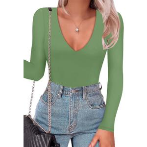 SAUNGKUAI Women's Plunge Deep V Neck Long Sleeve Bodysuit Double Lined Thong Body Suit Shirt Tops (Large)