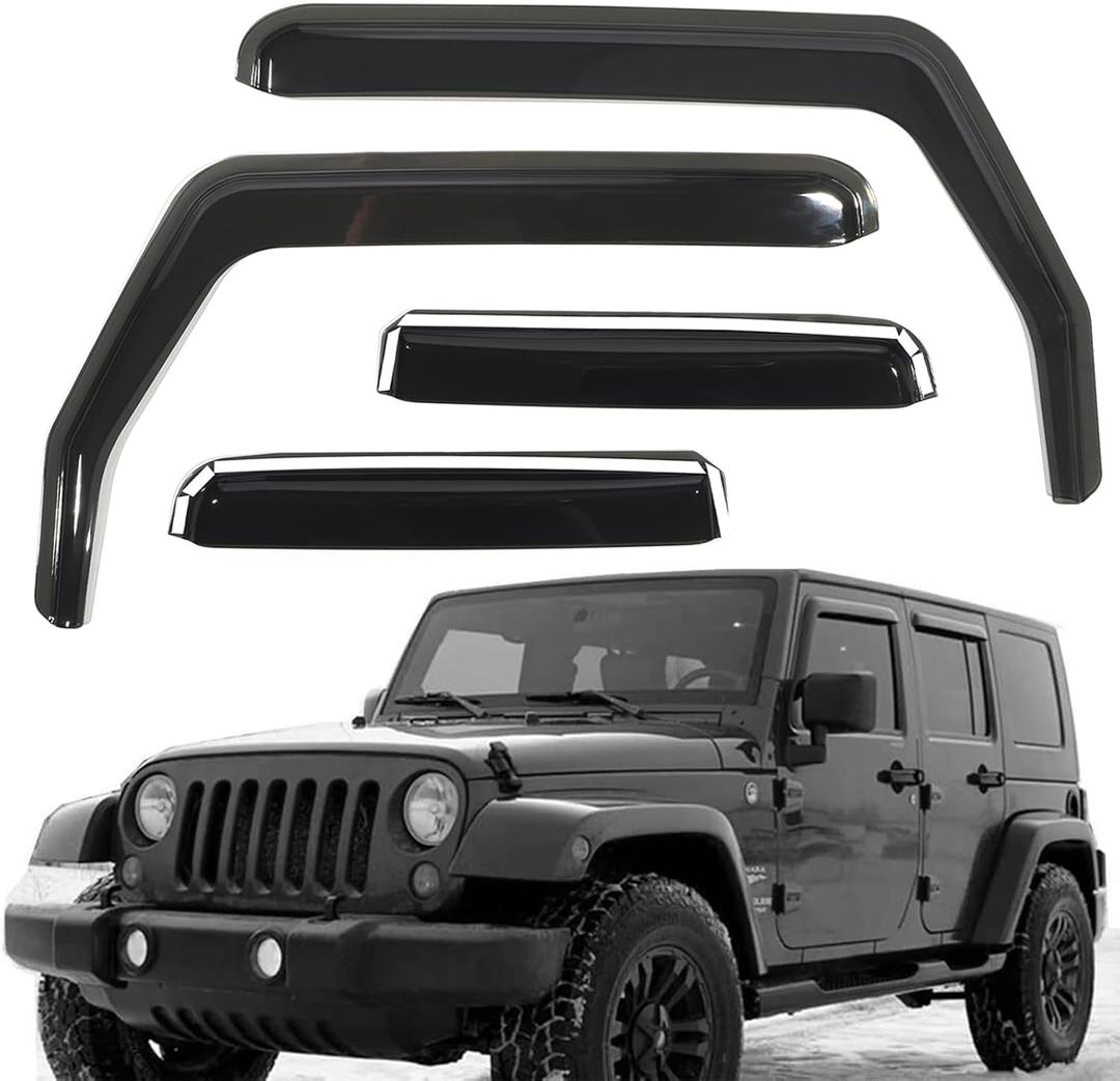 Rain Guards Side Window Visor Vent Outside Mount, 4PCS Fits for Jeep Wrangler JK 2007-2018 4door