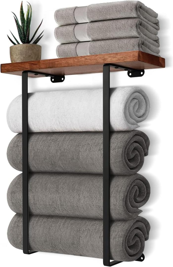 Towel Racks for Bathroom Wall Mounted with Wooden Shelf Bath Towel Holder for Rolled Towels Metal Towel Storage Organizer for Small Bathroom Decor or RV Camper Black