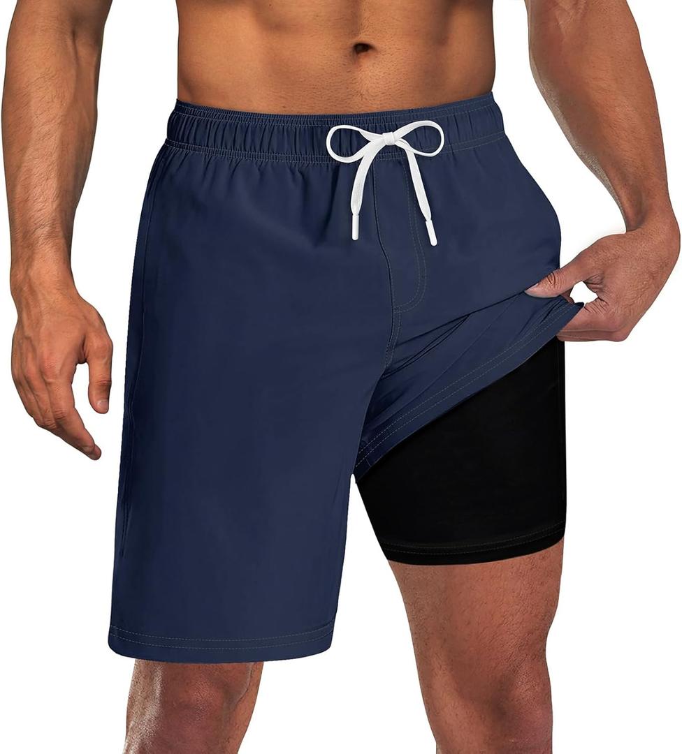 UNICOMIDEA Men Swim Trunks with Compression Liner 9 Inch Long Board Shorts (Blue, M)