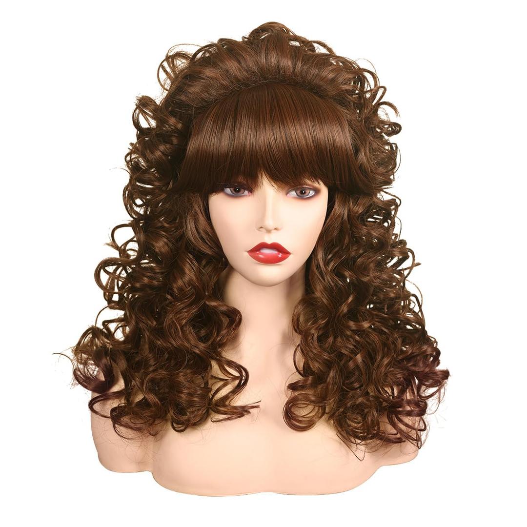 FantaLook 80s Long Curly Vintage Cosplay Wig with Bang for Women 60 70s Queen Costume for Halloween Party (Brown)
