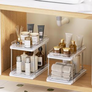 Delamu 2-Tier Bathroom Under Sink Organizers and Storage, Pull Out Cabinet Drawers with Anti-Slip Design, Multi-Purpose Storage for Kitchen, Pantry, Bathroom & Home Organization, White, 2 Pack