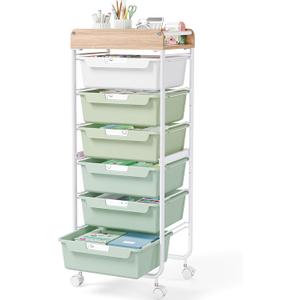 6 Drawer Rolling Cart for Craft Storage,Utility Drawer Organizer with Handle and Wooden Top,Storage on wheels for Office, Classroom,Laundry,Garage,Snack,Art Supply,Green