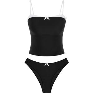 ZAFUL Cute Tankini Swimsuits for Women Retro Y2K High Cut Two Piece Bathing Suit 2026 Beach Swimwear (Black, M)