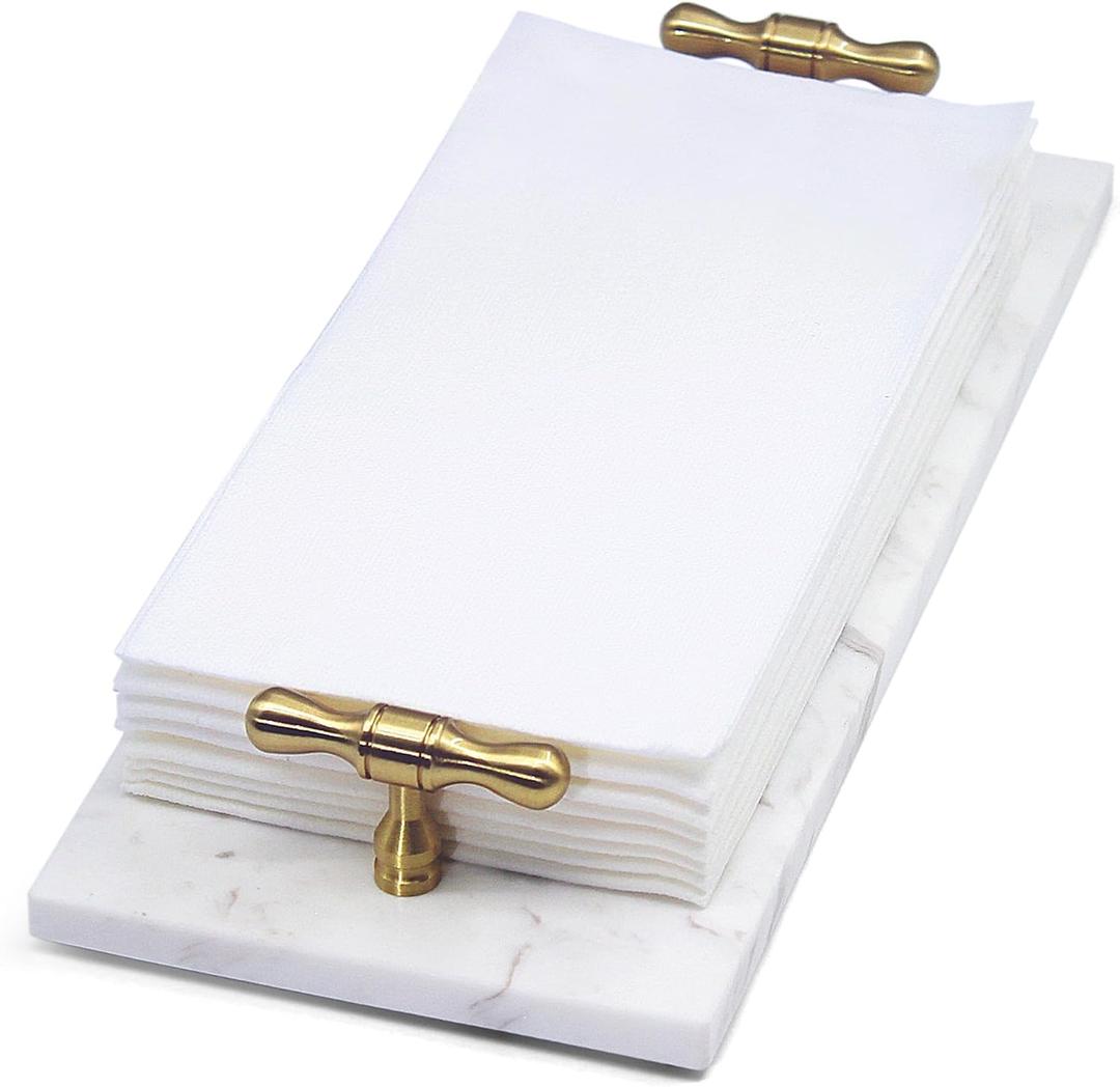 LIN CHUAN Marble Napkin Holder, Guest Towel Holder Tray, White Marble Tray for Bathroom & Kitchen Countertop with Brass Handles, Decorative Bathroom Napkin Holder for Home Decor