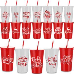 Sliner 20 Pcs 34 oz Christmas Tumbler with Straw Lid Winter Holiday Coffee Mug Cup Reusable Plastic Cup Xmas Joy Love Peace Believe School Classroom Rewards Party Supplies for Student from Teacher
