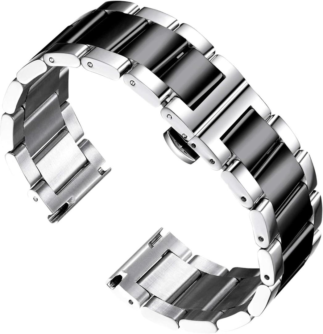 BINLUN Thick Stainless Steel Watch Band Metal Heavy Polished Matte Brushed Finish Watch Strap Replacement for Men Women 16mm/18mm/20mm/21mm/22mm/23mm/24mm/26mm(Polished Silver and Black,26mm)