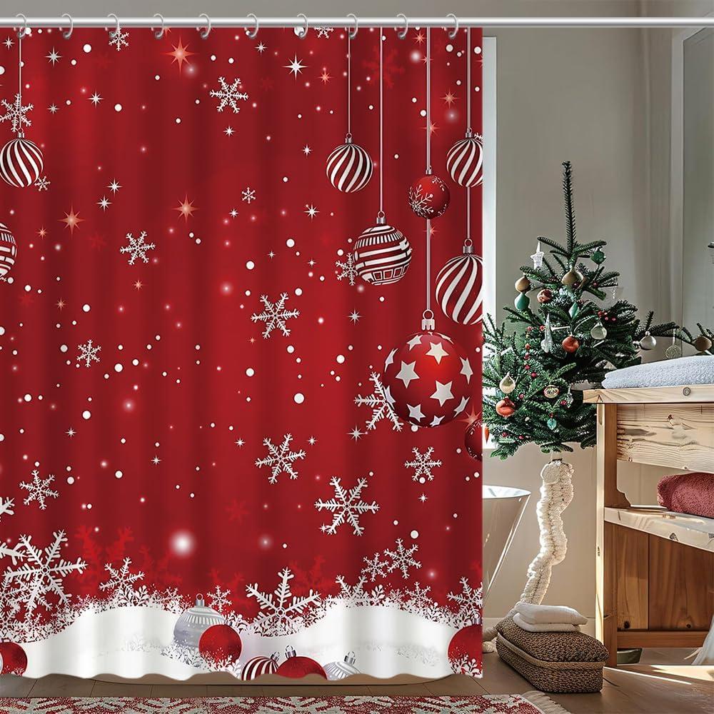 Christmas Shower Curtain, Red Merry Xmas Glitter Sparkle Bokeh Snowflake Winter New Year Holiday Bathroom Curtain Waterproof Fabric Machine Washable with Hooks, 72" Wx72 L